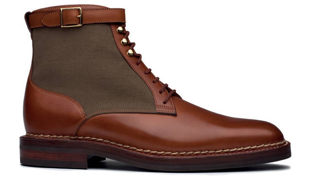 <strong>JOHN LOBB│ジョンロブ</strong>　ビスポーク「キャピタルコレクション」モデル「LONDON」　（ゴールドバレニア×カーキ キャンバス、光沢のある真ちゅうバックル、ノルヴェージャンステッチ、レザーとラバーソールのコンビネーション）