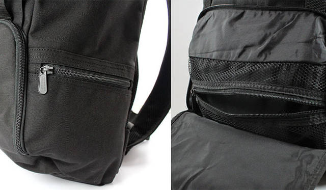 <strong>Manhattan Portage｜マンハッタン ポーテージ</strong>　 「Hiker Backpack（ハイカーバックパック）」MP2103CD　左／携帯電話を入れられるジッパーポケットを両サイドに装備。右／二重構造敷きにフロントジップ内部には、中身が見えるメッシュポケットを装備。
