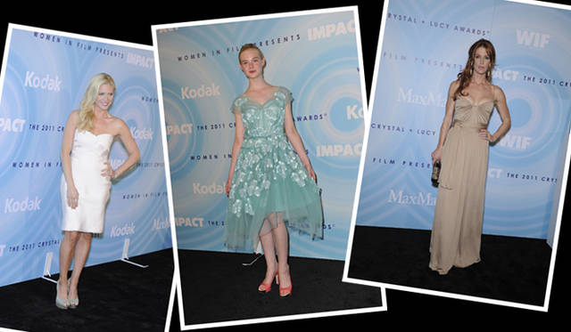 <strong>MaxMara｜マックスマーラ　ウーマン・イン・フィルム ロサンゼルス</strong>　ビバリーヒルトンホテルインターナショナルボールルームで開催されたチャリティ・ガラ・パーティにて。左から／ブリタニー・スノウ、エル・ファニング、ポピー・モンゴメリーはマックスマーラでドレスアップ。