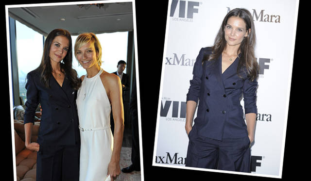 <strong>MaxMara｜マックスマーラ　ウーマン・イン・フィルム ロサンゼルス</strong>　左／知的かつマニッシュな印象のマックスマーラ2011SSコレクションのスーツで登場したケイティ・ホームズとニコラ・マラモッティ。右／ケイティ・ホームズ。