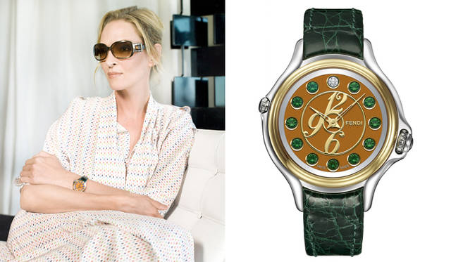 <strong>FENDI｜フェンディ</strong>　女優ユマ・サーマンは、グリーンストラップ×ハニーの文字盤のものを愛用中 。「クレイジー カラット」リミテッドエディション 57万7500円（フェンディ／フェンディ ジャパン） 