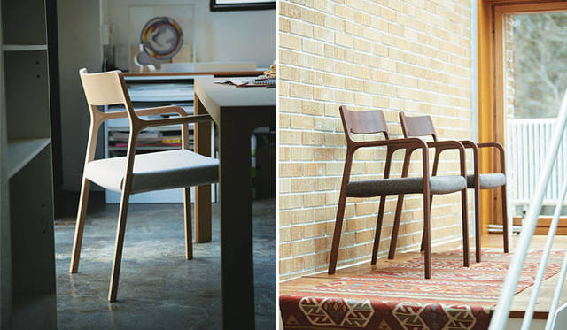 <strong>Arflex｜アルフレックス</strong>　アームチェア「RINN」　左／5万8800円 (生地：F4ランク/オーク材)、右／各5万5650円(生地：F2ランク/ブラックウォールナット材)