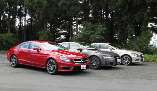 <strong>3台のラグジュアリークーペを用いた公開テストドライブを開催</strong>　手前からメルセデス・ベンツ CLS 63 AMG、アウディ A7 スポーツバック、メルセデス・ベンツ CLS 350 ブルーエフィシエンシー