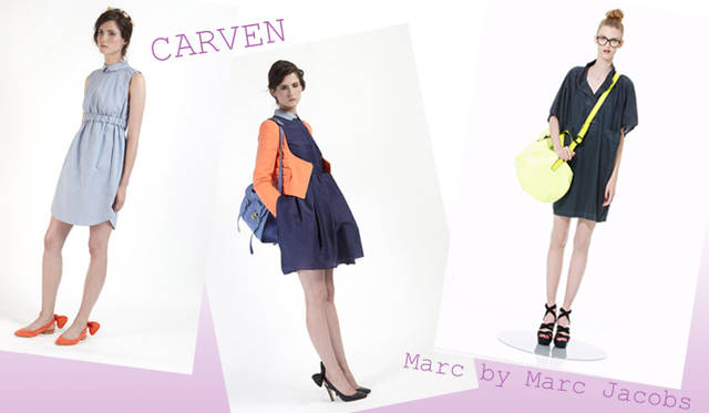 g_shirtdress_02 <strong>特集|2012年春夏トレンド速報!</strong> Chapter2:これひとつで即旬顔に! 押さえるべきディテール&アイテム  “Shirt & Smock Dress” 左からCARVEN(カルバン)、MARC BY MARC JACOBS(マーク BY マーク ジェイコブス)