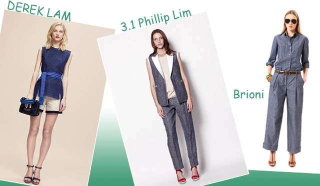g_denim_2 <strong>特集|2012年春夏トレンド速報!</strong> Chapter2:これひとつで即旬顔に! 押さえるべきディテール&アイテム  “Denim” 左からDEREK LAM(デレク ラム)、3.1 Phillip Lim(3.1 フィリップ リム)、Brioni(ブリオーニ)