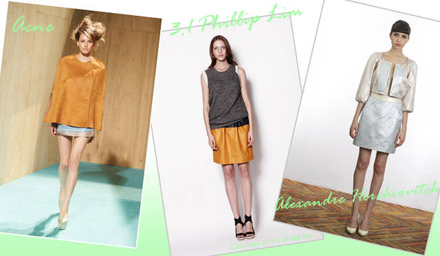 <strong>特集｜2012年春夏トレンド速報！</strong>　Chapter2：これひとつで即旬顔に！　押さえるべきディテール＆アイテム　“Shiny”　左からAcne（アクネ）、3.1 Phillip Lim（3.1 フィリップ リム）、Alexandre Herchcovitch（アレキサンダー ヘルコビッチ）