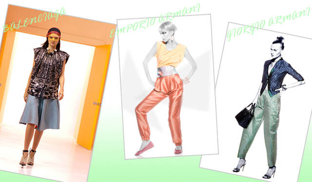 <strong>特集｜2012年春夏トレンド速報！</strong>　Chapter2：これひとつで即旬顔に！　押さえるべきディテール＆アイテム　“Shiny”　左からBALENCIAGA（バレンシアガ）、EMPORIO ARMANI（エンポリオ アルマーニ）、GIORGIO ARMANI（ジョルジオ アルマーニ）