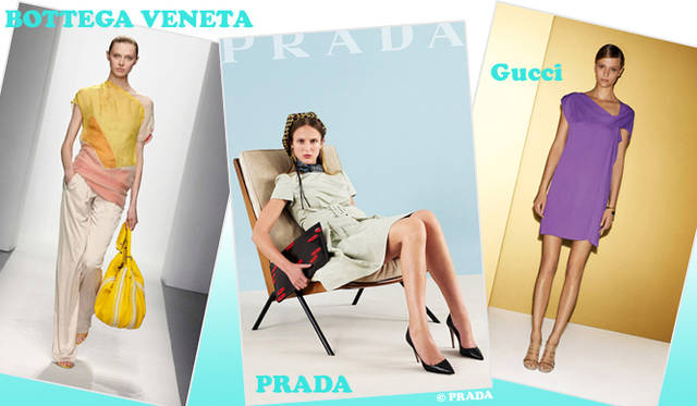 <strong>特集｜2012年春夏トレンド速報！</strong>　Chapter3：手軽に取り入れられるカラー＆パターン、マストハブとは？　“Color”　左からBOTTEGA VENETA（ボッテガ・ヴェネタ）、PRADA（プラダ）、Gucci（グッチ）