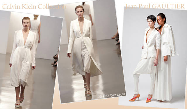 <strong>特集｜2012年春夏トレンド速報！</strong>　Chapter3：手軽に取り入れられるカラー＆パターン、マストハブとは？　“WHITE”　左からCalvin Klein Collection（カルバン・クライン コレクション）、Jean Paul GAULTIER（ジャンポール・ゴルチエ）