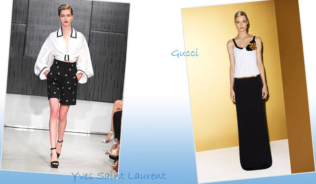 <strong>特集｜2012年春夏トレンド速報！</strong>　Chapter3：手軽に取り入れられるカラー＆パターン、マストハブとは？　“Black & White”　左からYves Saint Laurent（イヴ・サンローラン）、Gucci（グッチ）