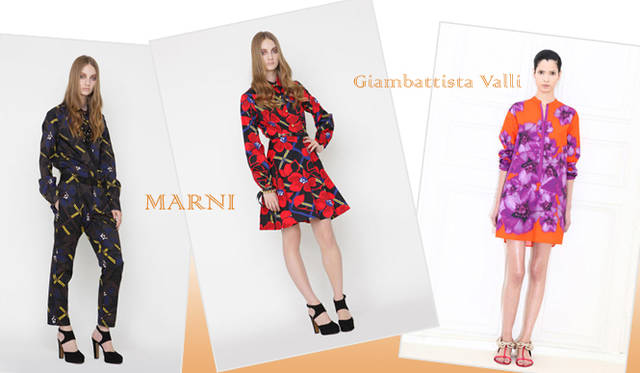 <strong>特集｜2012年春夏トレンド速報！</strong>　Chapter3：手軽に取り入れられるカラー＆パターン、マストハブとは？　“Flower”　左からMARNI（マルニ）、GIAMBATTISTA VALLI（ジャンバティスタ　ヴァリ）