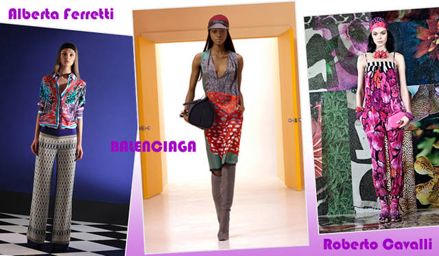 <strong>特集｜2012年春夏トレンド速報！</strong>　Chapter3：手軽に取り入れられるカラー＆パターン、マストハブとは？　“Pattern Mix”　左からALBERTA FERRETTI（アルベルタフェレッティ）、BALENCIAGA（バレンシアガ）、Roberto Cavalli（ロベルト カヴァリ）