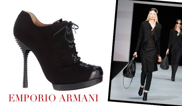 <strong>特集｜2011-12年秋冬トレンドシューズはこれ！　Chapter 02：Lace Up<br /><br />EMPORIO ARMANI｜エンポリオ アルマーニ</strong>　ブーティ[H 11cm]　8万1900円　（エンポリオ アルマーニ／ジョルジオ アルマーニ ジャパン　Tel.03-6274-7070）