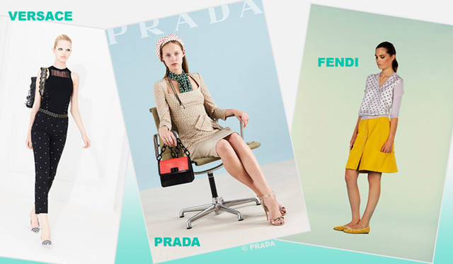 <strong>特集｜2012年春夏トレンド速報！</strong>　Chapter3：手軽に取り入れられるカラー＆パターン、マストハブとは？　“Dot Pattern”　左からVERSACE（ヴェルサーチ）、PRADA（プラダ）、FENDI（フェンディ）