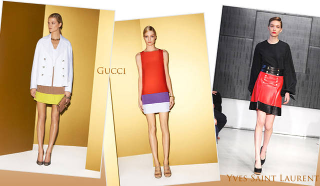 <strong>特集｜2012年春夏トレンド速報！</strong>　Chapter3：手軽に取り入れられるカラー＆パターン、マストハブとは？　“Color Block”　左からGucci（グッチ）、Yves Saint Laurent（イヴ・サンローラン）