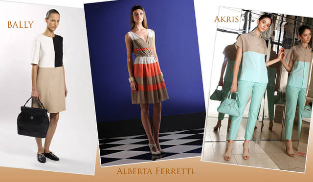 <strong>特集｜2012年春夏トレンド速報！</strong>　Chapter3：手軽に取り入れられるカラー＆パターン、マストハブとは？　“Color Block”　左からBALLY（バリー）、ALBERTA FERRETTI（アルベルタフェレッティ）、Akris（アクリス）