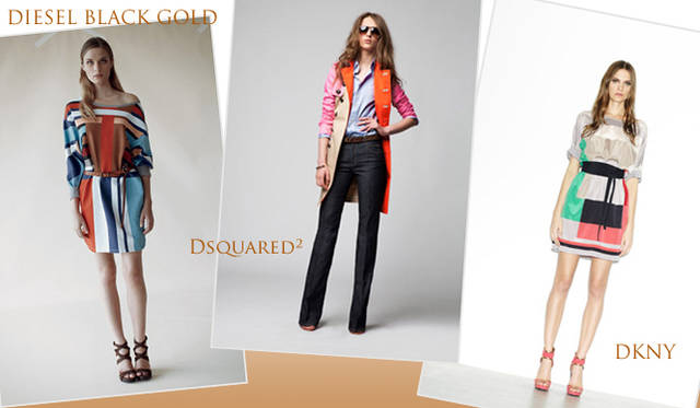 <strong>特集｜2012年春夏トレンド速報！</strong>　Chapter3：手軽に取り入れられるカラー＆パターン、マストハブとは？　“Color Block”　DIESEL BLACK GOLD（ディーゼルブラックゴールド）、Dsquared²（ディースクエアード）、DKNY（ディー ケイ エヌ ワイ）