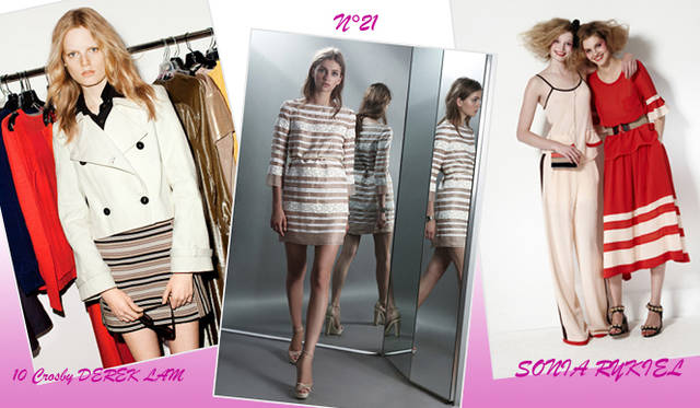 <strong>特集｜2012年春夏トレンド速報！</strong>　Chapter3：手軽に取り入れられるカラー＆パターン、マストハブとは？　“Border & Stripe”　左からCrosby DEREK LAM（10クロスビー デレク ラム）、N°21（ヌメロ ヴェントゥーノ）、SONIA RYKIEL（ソニア・リキエル）