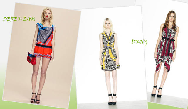 <strong>特集｜2012年春夏トレンド速報！</strong>　Chapter3：手軽に取り入れられるカラー＆パターン、マストハブとは？　“Scarf Pattern”　左からDEREK LAM（デレク ラム）、DKNY（ディー ケイ エヌ ワイ）