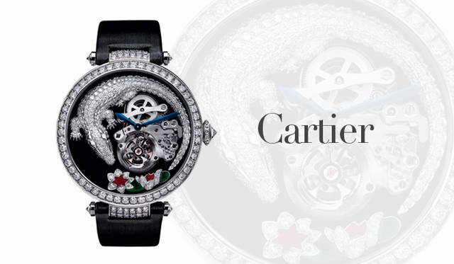 <strong>Cartier｜カルティエ</strong>　自然界に生きるクロコダイルの姿を、クラフツマンシップ溢れるダイヤモンドのパヴェセッティングにより立体的に描いた。世界50個の限定製造。「フライング トゥールビヨン＆クロコダイル」[WG×ダイヤモンド（585石／8.51cts）×エメラルド（2石／0.02cts）×サファイアクリスタル] ダークグレイトワル プロッセストラップ、ムーブメント｜キャリバー9458MC（手巻き）、日常生活防水、ケースサイズ（直径｜44.5mm） 2002万7700円（カルティエ／カルティエ カスタマー サービスセンター）　©Cartier