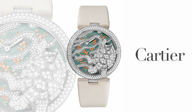 <strong>Cartier｜カルティエ</strong>　ラウンドケースとダイアルが一体となり、悠久の時のなかを泳ぐようなタートルを描き出した。世界80個の限定製造、シリアルナンバー入り。「ル シルク アニマリエ ドゥ カルティエ タートル デコール」 [WG×ダイヤモンド×エメラルド×サファイア クリスタル] シャンルベエナメル技巧によるエナメル細密画、ロジウム加工スティール製剣型針、トワル プロッセストラップ、カルティエ キャリバー056クォーツムーブメント、日常生活防水、ケースサイズ（直径｜40mm、厚さ｜7.60mm） 1575万円（カルティエ／カルティエ カスタマー サービスセンター）　©Cartier