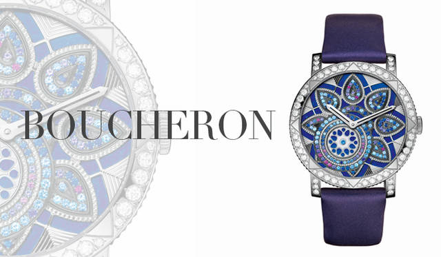 <strong>BOUCHERON｜ブシュロン</strong>　「創造性と大胆さ」。ブシュロンのハイジュエリーウォッチを語るときに、これほどふさわしい言葉はない。東洋の宮殿にあるモザイクを模したモチーフは、『千夜一夜物語』で王を魅了した美しい語り手のように、身に着けるひとに魔法をかけるにちがいない。「クレイジー シェラザード」 [WG×ダイヤモンド×ラピスラズリ×サファイア×アメシスト×アクアマリン] リュウズにヴァンドーム本店アドレスの刻印、ポワント ド ディアマン装飾、楕円窓のシースルーバック、サテンストラップ、防水｜50メートル（5気圧）、ジラール・ペルゴ社製キャリバーGP4000　機械式自動巻きムーブメント クレイジーセコンドモジュール、ケースサイズ｜42mm　949万2000円（ブシュロン／ブシュロン カスタマーサービス）