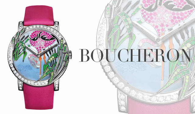 <strong>BOUCHERON｜ブシュロン</strong>　古代エジプト人はフラミンゴを、何世紀にもわたり生きつづけみずからを焼いた灰から生まれ変わるとされた伝説のフェニックスと同一視していたという。時代を超えた美しさを誇るウォッチにぴったりのモチーフだ。ティッシュペーパーよりも薄いマザーオブパールを用いることで、水のなかにフラミンゴの面もちが見えるようすを表現した。「クレイジー ジャングル フラミンゴ」 [WG×ダイヤモンド×ツァボライト×ピンクサファイア×マザーオブパール] リュウズにヴァンドーム本店アドレスの刻印、ポワント ド ディアマン装飾、楕円窓のシースルーバック、サテンストラップ、防水｜50メートル（5気圧）、ジラール・ペルゴ社製キャリバーGP4000　機械式自動巻きムーブメント クレイジーセコンドモジュール、ケースサイズ｜42mm　1031万1000円（ブシュロン／ブシュロン カスタマーサービス）