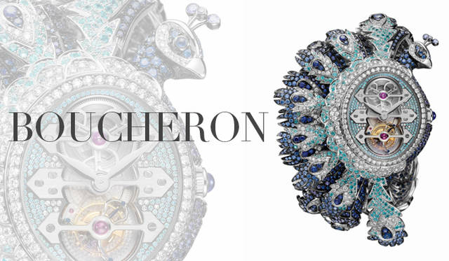 <strong>BOUCHERON｜ブシュロン</strong>　クジャクの尻尾に「目」を付けくわえたとされるギリシャ神話の女神ヘラの名が冠された時計。ジラール・ペルゴ社製スリーゴールド・ブリッジ・トゥールビヨンが、ブシュロンのジュエリー装飾技術と融合することにより、あらたな伝説を生み出したと言える一本。「トゥールビヨン ヘラ」 [WG×ダイヤモンド×ブルーサファイア×パープルサファイア]　30メートル生活防水、ジラール・ペルゴ社製スリーゴールド・ブリッジ・トゥールビヨン、機械式自動巻きムーブメント、パライバトルマリン、ケースサイズ｜31.30×36.20mm　7549万5000円（ブシュロン／ブシュロン カスタマーサービス）