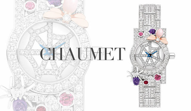 <strong>CHAUMET｜ショーメ</strong>　「私をつかまえて…愛しているなら」という意味が込められたコレクション「アトラップ・モワ」。ベゼルにはミツバチやクモがあしらわれ、恋の駆け引きを繰り広げているかのよう。「アトラップ・モワ ウォッチ」 [WG×PG×ダイヤモンド×ピンクオパール×アメシスト×ピンクトルマリン×ガーネット] ケースサイズ｜23mm径、クォーツムーブメント　992万2500円（ショーメ／LVMH ウォッチ・ジュエリージャパン ショーメ ディヴィジョン）