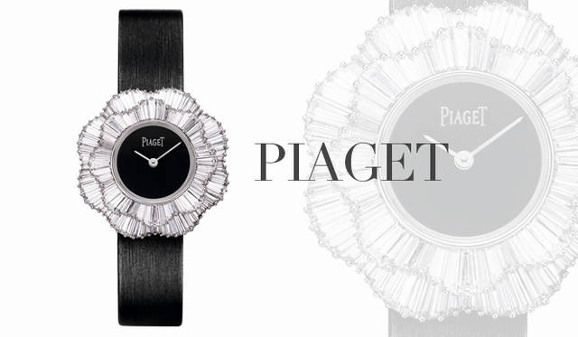 <strong>PIAGET｜ピアジェ</strong>　ピアジェの歴史のなかでも大胆なクリエイティビティがつぎつぎに発表されたのが1970年代のこと。ペチコートにインスピレーションを得たこのウォッチは、バゲットカット・ダイヤモンドをふんだんに用いながら、波打つようななめらかなセッティングを実現した。「ライムライト」 [WG×ダイヤモンド]  サテンストラップ、自社製クォーツムーブメント56P、ケースサイズ｜33mm径　2614万5000円（ピアジェ／ピアジェカスタマーデスク） ※商品の入荷や在庫に関する詳しい内容はピアジェカスタマーデスクにお問い合わせください。