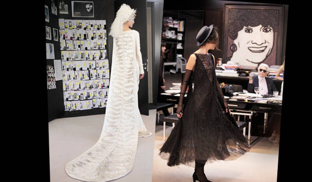 <strong>CHANEL｜シャネル　2011-12年秋冬オートクチュールコレクション</strong>　フィッティングのようす。カール・ラガーフェルド自身も入念にチェック。　©CHANEL