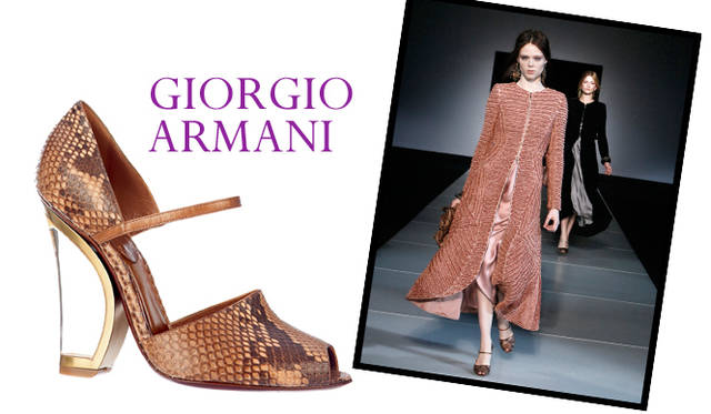<strong>特集｜2011-12年秋冬トレンドシューズはこれ！　Chapter 03：Exotic Leather<br /><br />GIORGIO ARMANI｜ジョルジオ アルマーニ</strong>　ストラップシューズ [H 11.5cm]　15万7500円　（ジョルジオ アルマーニ／ジョルジオ アルマーニ ジャパン　Tel. 03-6274-7070）
