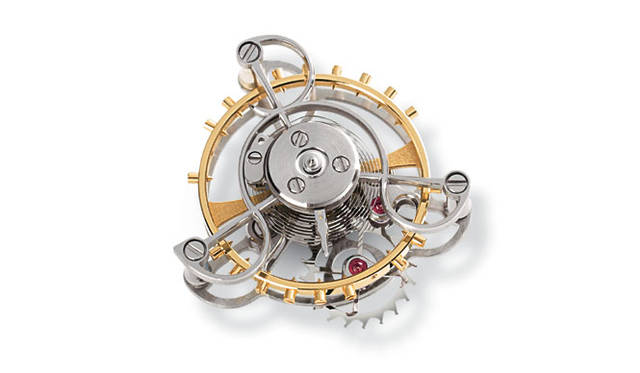 　「トゥールボグラフ“プール・ル・メリット”」に搭載されるトゥールビヨン脱進機。84個の微細なパーツから構成されており、重量はわずか0.5gたらず。