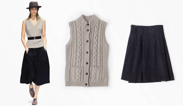 <strong>MARGARET HOWELL│マーガレット・ハウエル</strong>　左／ニットベスト 7万8750円(店舗限定)、スカート 4万9350円、ベルト 1万4700円、ハット 2万4150円、ヘッドバンド 1万1550円、シューズ 7万5600円、中／ニットベスト 2万5200円（すべてマーガレット・ハウエル）、右／スカート 2万6250円（マーガレット・ハウエル MHL.)