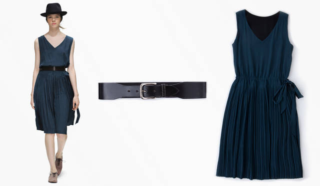 <strong>MARGARET HOWELL│マーガレット・ハウエル</strong>　ワンピース 6万9300円、ベルト 1万4700円、ハット 2万4150円、ヘッドバンド 1万1550円、シューズ 7万5600円（すべてマーガレット・ハウエル）