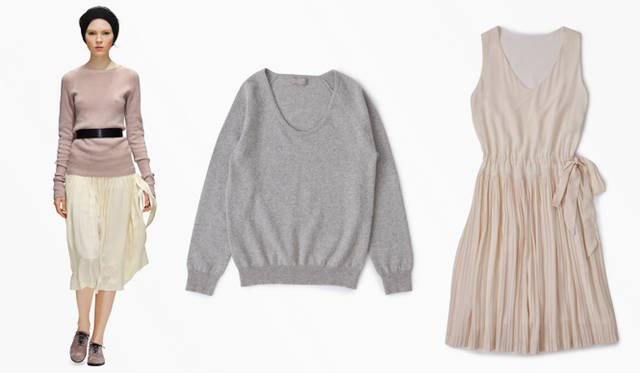 <strong>MARGARET HOWELL│マーガレット・ハウエル</strong>　左／ニット 4万9350円、スカート 参考商品、ベルト 1万4700円、ヘッドバンド 1万1550円、シューズ 7万5600円、中／ニット 2万4150円、右／ワンピース 4万9300円（すべてマーガレット・ハウエル）