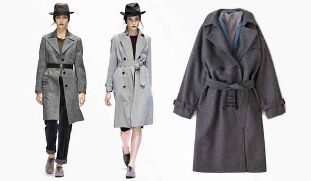 <strong>MARGARET HOWELL│マーガレット・ハウエル</strong>　左／トレンチコート 8万9250円、トラウザーズ 参考商品、ニット 参考商品、ベルト 1万4700円、ハット 2万4150円、ヘッドバンド 1万1550円、シューズ 7万5600円、中／コート 16万8000円、ニット 4万9350円、スカート 参考商品、ハット 2万4150円、ヘッドバンド 1万1550円、シューズ 7万5600円、右／コート 7万5600円、ニット 3万1500円、マフラー 2万9400円（すべてマーガレット・ハウエル）