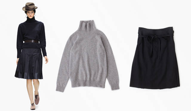 <strong>MARGARET HOWELL│マーガレット・ハウエル</strong>　左／ニット 6万5100円、スカート 5万400円、ベルト 1万4700円、ハット 2万4150円、ヘッドバンド 1万1550円、シューズ 7万5600円、中／ニット 3万1500円（すべてマーガレット・ハウエル）、右／スカート 2万4150円（マーガレット・ハウエル MHL.)