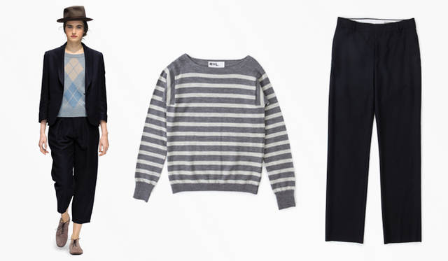 <strong>MARGARET HOWELL│マーガレット・ハウエル</strong>　左／ジャケット 6万7200円、ニット 8万1900円、トラウザーズ 3万9900円、ハット 2万4150円、ヘッドバンド 1万1550円、シューズ 7万5600円（すべてマーガレット・ハウエル）、中／ボーダーニット1万8900円（マーガレット・ハウエル MHL.)、トラウザーズ 2万8350円（マーガレット・ハウエル）