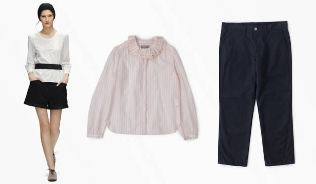 <strong>MARGARET HOWELL│マーガレット・ハウエル</strong>　左／ブラウス3万1500円、ショートトラウザーズ 参考商品、ベルト 参考商品、ヘッドバンド 1万1550円、シューズ 7万5600円、中／ブラウス 2万9400円、トラウザーズ2万2050円（すべてマーガレット・ハウエル）