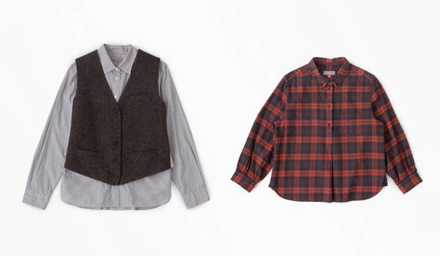 <strong>MARGARET HOWELL│マーガレット・ハウエル</strong>　左／ベスト 3万5700円、シャツ 2万3100円、右／シャツ 2万6250円（すべてマーガレット・ハウエル）