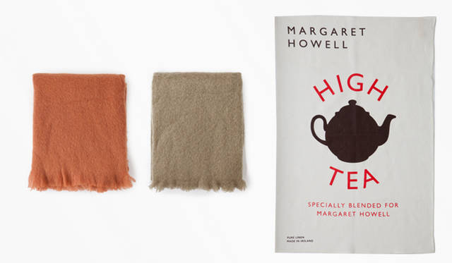 <strong>MARGARET HOWELL│マーガレット・ハウエル</strong>　左・中／ブランケット 各3万4650円、右／ティータオル 2940円(すべてマーガレット・ハウエル ハウスホールドグッズ）