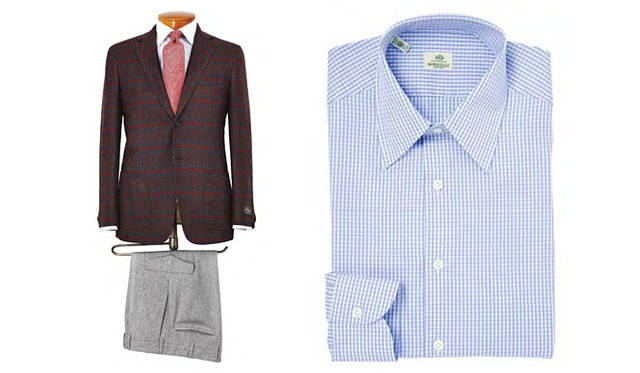 <strong>BARNEYS NEW YORK｜バーニーズ　ニューヨーク</strong>　バーニーズ　ニューヨーク福岡店 オープン記念アイテム<br>左／「BELVEST FOR BARNEYS NEW YORK」ジャケット15万7500円、右／「BORRELLI」シャツ3万450円