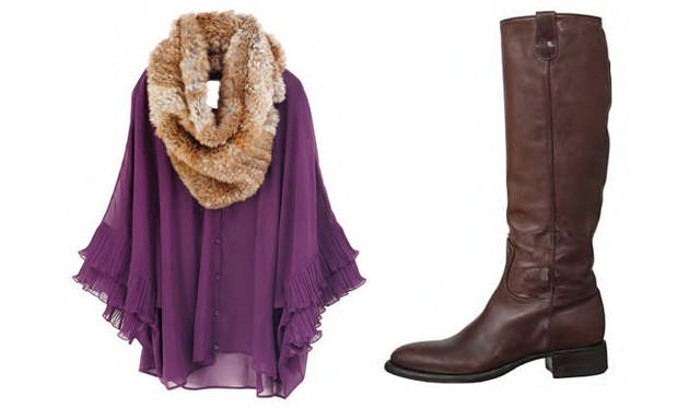 <strong>BARNEYS NEW YORK｜バーニーズ　ニューヨーク</strong>　バーニーズ　ニューヨーク福岡店 オープン記念アイテム<br>左／「RE.VEROFONNA」ファースヌード2万6250円、ブラウス1万4700円、右／「ROCCO P.×BARNEYS NEW YORK」ブーツ12万6000円