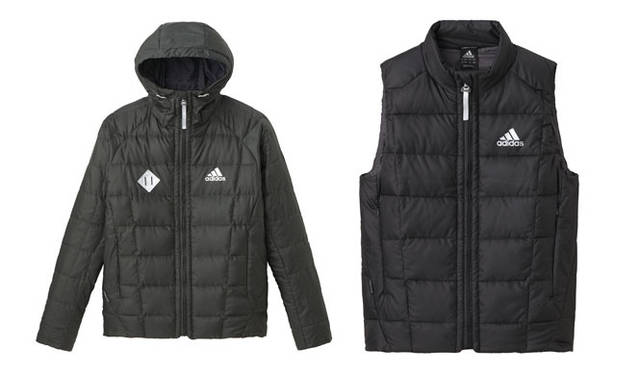 <strong>adidas｜アディダス</strong>　 adidas men’s training fall&winter 2011　「outer」 左／フーデッド ライトダウン ジャケット1万6800円、右／ライトダウン ベスト1万2600円