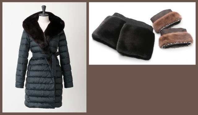 <strong>MaxMara│マックスマーラ</strong>　取り付け可能なミンクファーのカフス（別売り）で、着こなしの幅が広がる。’S MaxMara　ダウンコート「キューブ」　ネイビー×ブラック 54万1800円、ダークブラウン×ライトブラウン 54万1800円、ミンクファーマキシサイズのカフス（ブラック） 10万1850円、ミンクファーとビジューのカフス（ブラウン） 7万6650円（すべてマックスマーラ／マックスマーラ ジャパン）