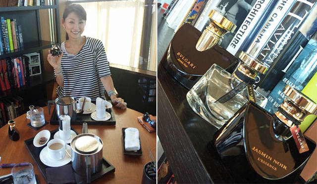 <strong>SAKURA｜第17回 トレンドをさりげなく取り入れたビューティギフト</strong>　左／銀座ブルガリタワー10階の「ブルガリ イル バール」にて。右／（黒いボトル）「ブルガリ」ジャスミン ノワール100ml、（透明のボトル）「ブルガリ」モン ジャスミンノワール50ml、（キラキラのボトルトップ）「ブルガリ」ジャスミンノワール レサンス（限定発売中/オードゥ パルファム）50ml