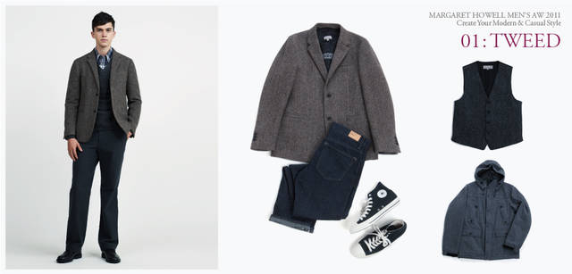 <strong> MARGARET HOWELL｜マーガレット・ハウエル</strong>　「2011秋冬コレクション」　モデル／ジャケット7万2450円、ニット3万450円、シャツ3万4650円、トラウザーズ3万7800円、靴6万1950円（すべてマーガレット・ハウエル）、コーディネイト／ジャケット7万2450円、ニット3万4650円、EDWIN製デニム2万4150円（すべてマーガレット・ハウエル）、コンバース別注スニーカー1万3650円（MHL.）、アイテム／ハリスツイードベスト3万7800円、ブルゾン6万1950円（ともにマーガレット・ハウエル）