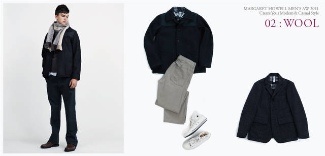 <strong> MARGARET HOWELL｜マーガレット・ハウエル</strong>　「2011秋冬コレクション」　モデル／ジャケット6万1950円（MHL .）、ニット3万7800円、シャツ2万8350円、トラウザーズ2万4150円、スカーフ3万450円、靴6万1950円（すべてマーガレット・ハウエル）、コーディネイト／ジャケット6万1950円、シャツ2万4150円、トラウザーズ2万4150円、コンバース別注スニーカー1万3650円（すべてMHL.）、アイテム／イギリスで織られたオリジナル生地のミリタリーウールを使用したジャケット5万1450円（MHL.）