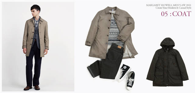 <strong> MARGARET HOWELL｜マーガレット・ハウエル</strong>　「2011秋冬コレクション」　モデル／ダウンライナー付きステンカラーコート5 万1450円（MHL .）、ジャケット5万9850円、シャツ3万4650円、トラウザーズ3万7800円、靴6万1950円（すべてマーガレット・ハウエル）、コーディネイト／ダウンライナー付きステンカラーコート5万1450円、コンバース別注スニーカー1万3650円（ともにMHL.）、ニット5万1450円、EDWIN製デニム2万4150円（ともにマーガレット・ハウエル）、アイテム／コート5万1450円（MHL.）